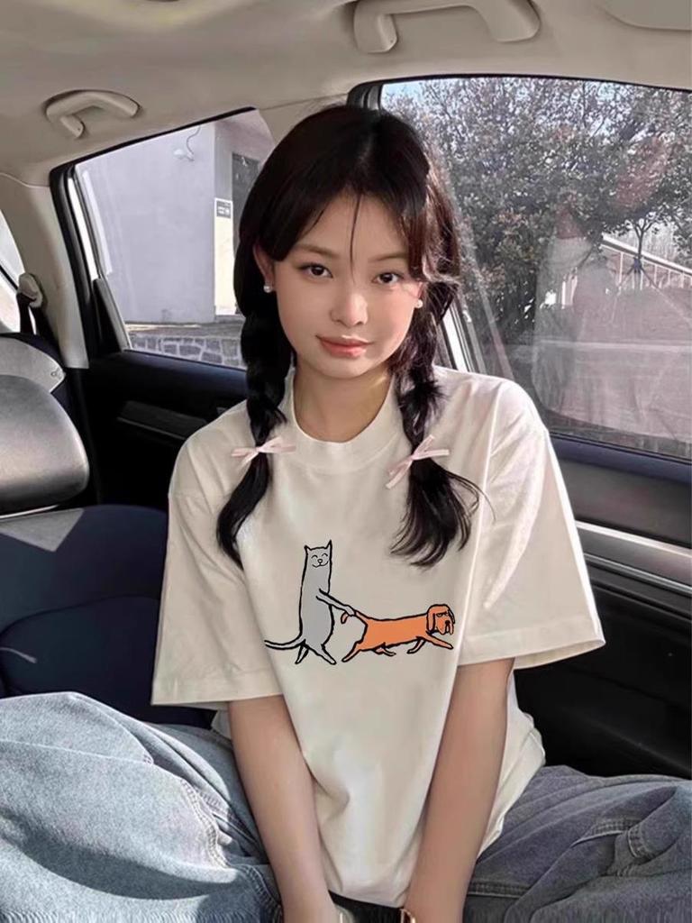 Women's Summer 2025 Oversized White Cotton Half-Sleeve T-Shirt - American Style