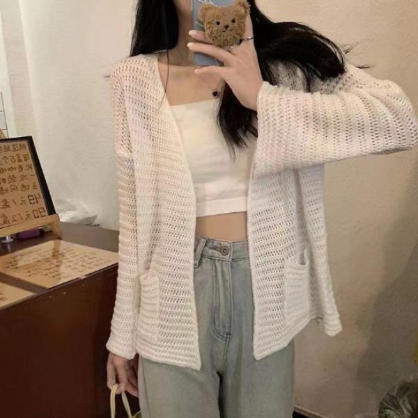 Hollow Out Sun Protection Knitted Cardigan for Women for Spring and Autumn Loose Knitted Top