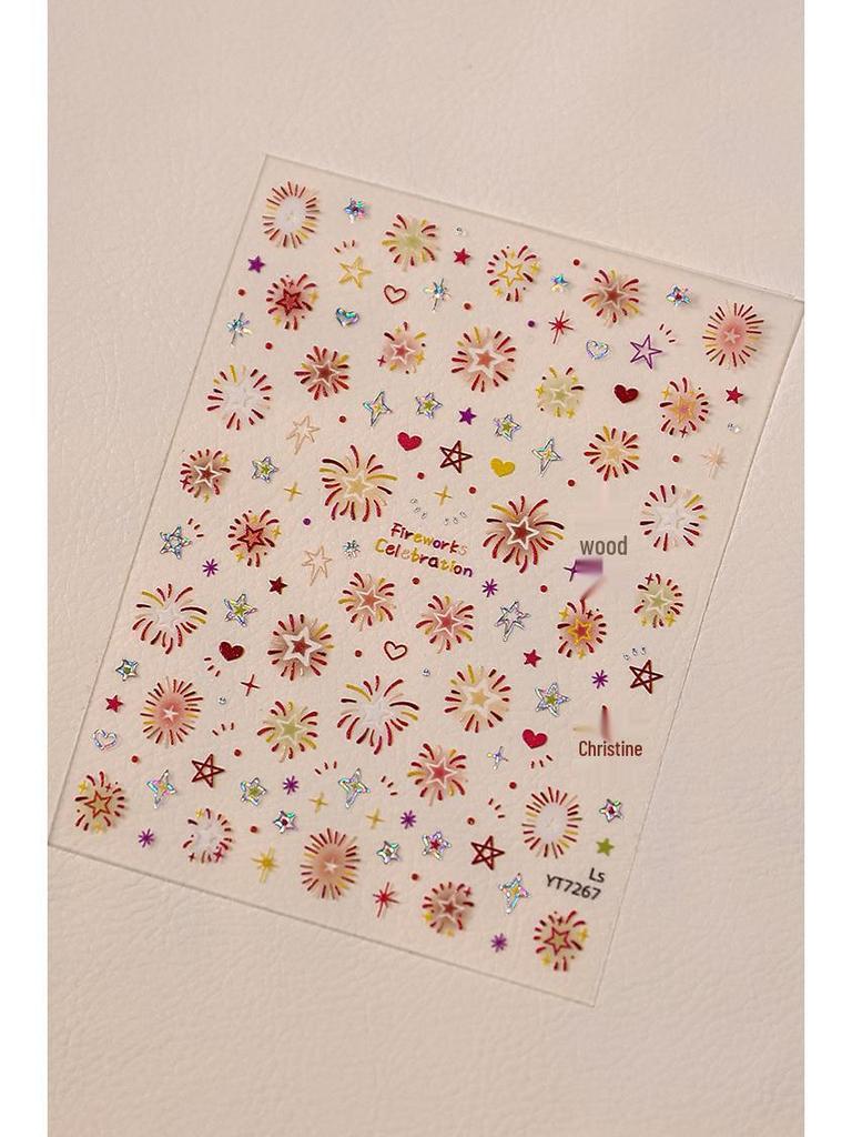 New Year Firework & Gradient Nail Art Stickers - Stars, Hearts & Light Waves