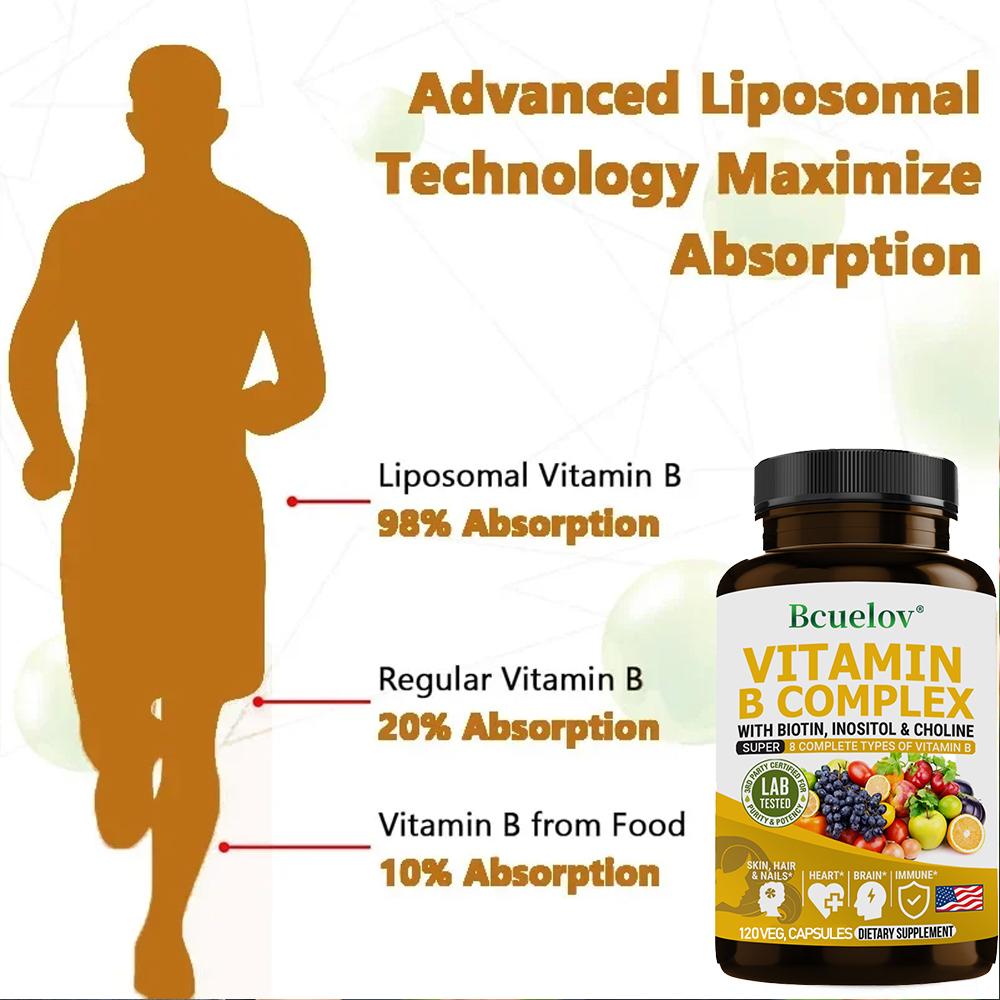 Bcuellov Vitamin B Complex Dietary supplement - With biotin, inositol, and choline -120 Vegetarian Capsules