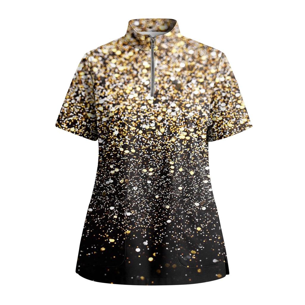 Women's Short Sleeved Printed V-neck Buttonable Side Slit Top T-shirt