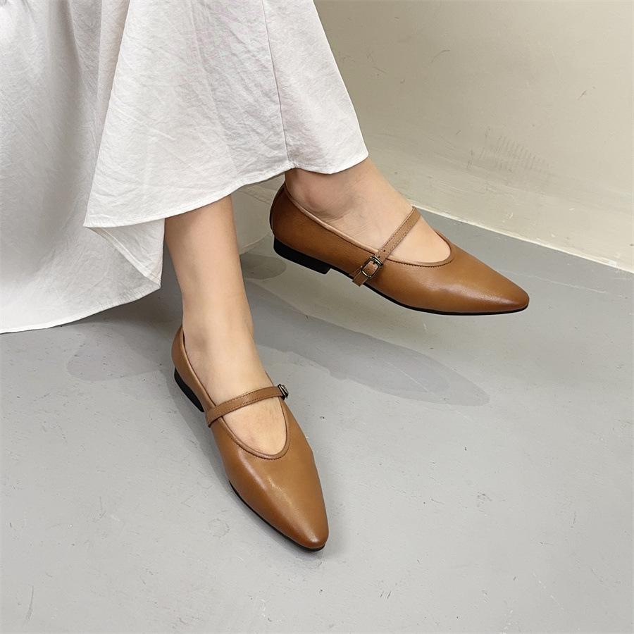 Johnature Oryginalne skórzane płytkie, spiczaste, płaskie buty retro, uniwersalne, miękkie, ze skóry bydlęcej, damskie