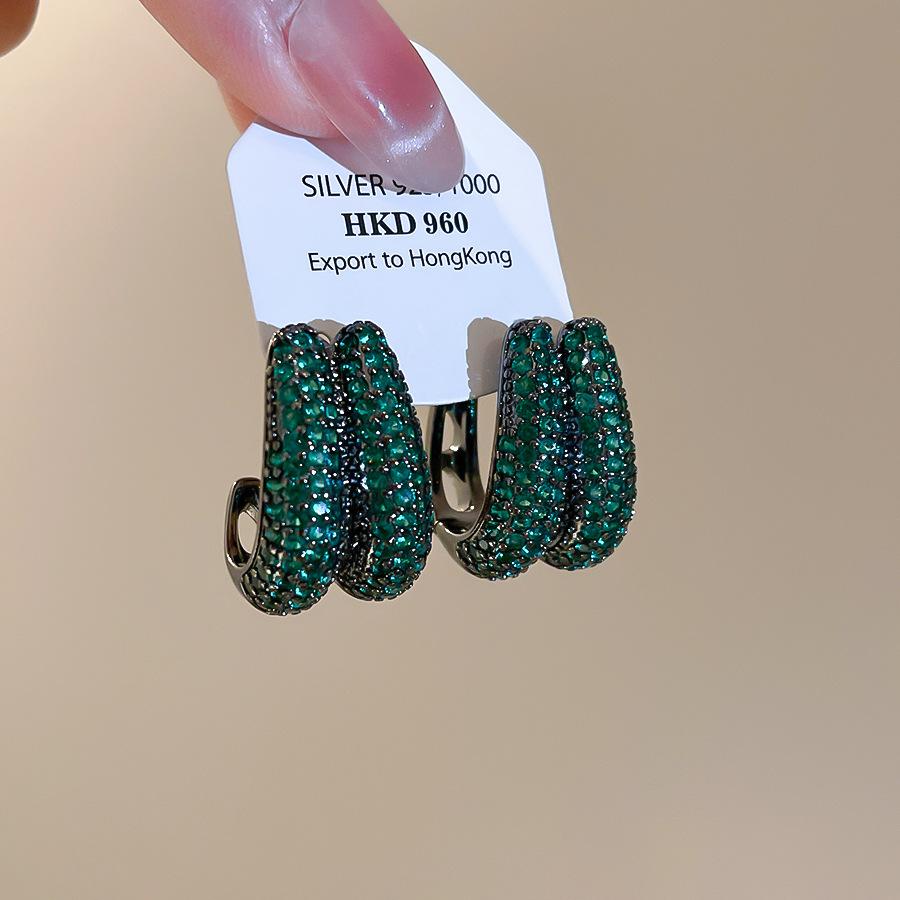 

Delicate Rosered Green Color Full CZ Cubic Zirconia Double Layers U Shape Hoop Earrings for Women Black Gun Plated Copper зелёный