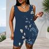 Women Plus Size Blue Floral Printed Scoop Neck Sleeveless Tank Top Fitted Shorts Two Piece Set