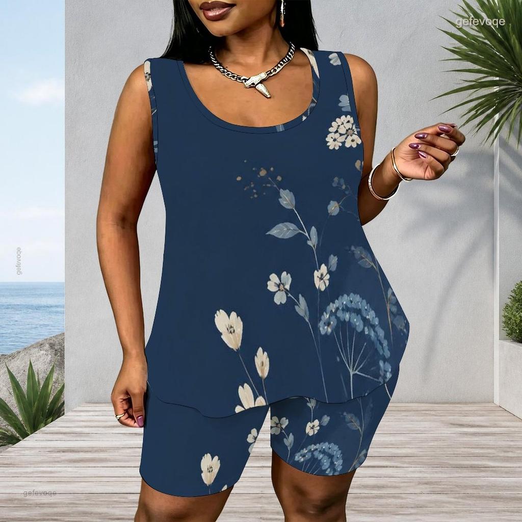 Women Plus Size Blue Floral Printed Scoop Neck Sleeveless Tank Top Fitted Shorts Two Piece Set