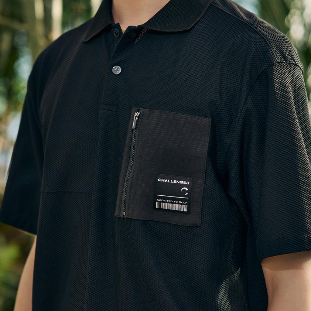 CHALLENGER Men'S Honeycomb Texture Pocket Detail Collared Short Sleeve T-Shirt Black
