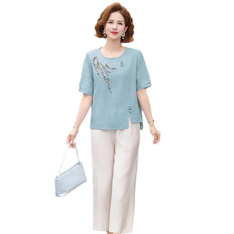 Embroidered Cotton Linen Short Sleeve Two-Piece Set for Middle-Aged & Elderly (Plus Size) - Summer 2026 Collection