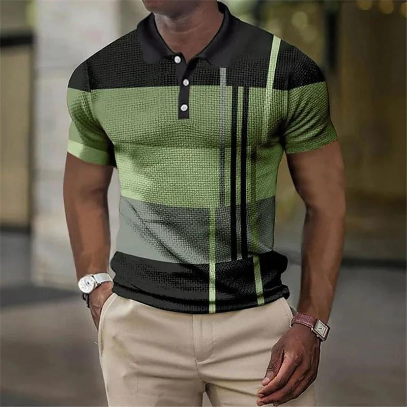 Men'S Casual Polo Shirt 3D Digital Printing Short Sleeve Splicing Color Trend Top