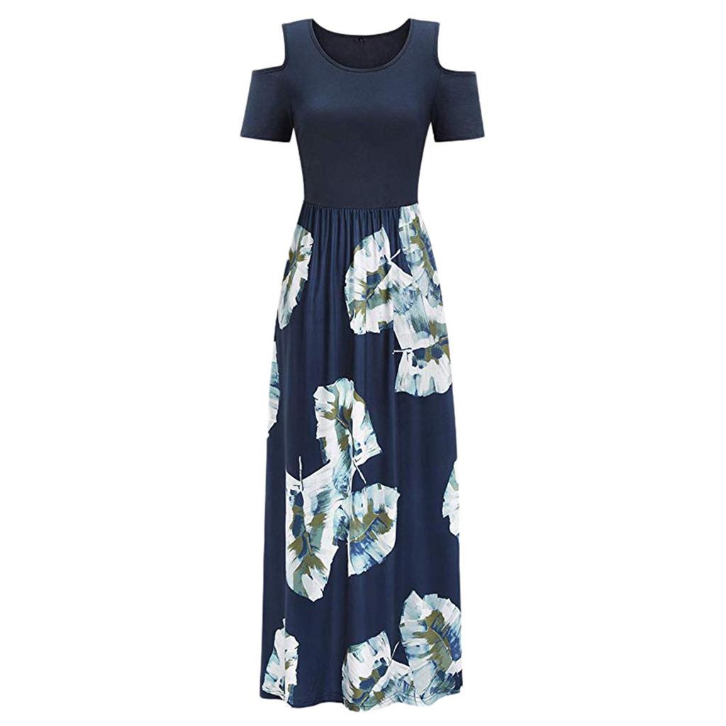 Women' Cold Shoulder Pocket Floral Print Elegant Maxi Short Sleeve Casual Dress