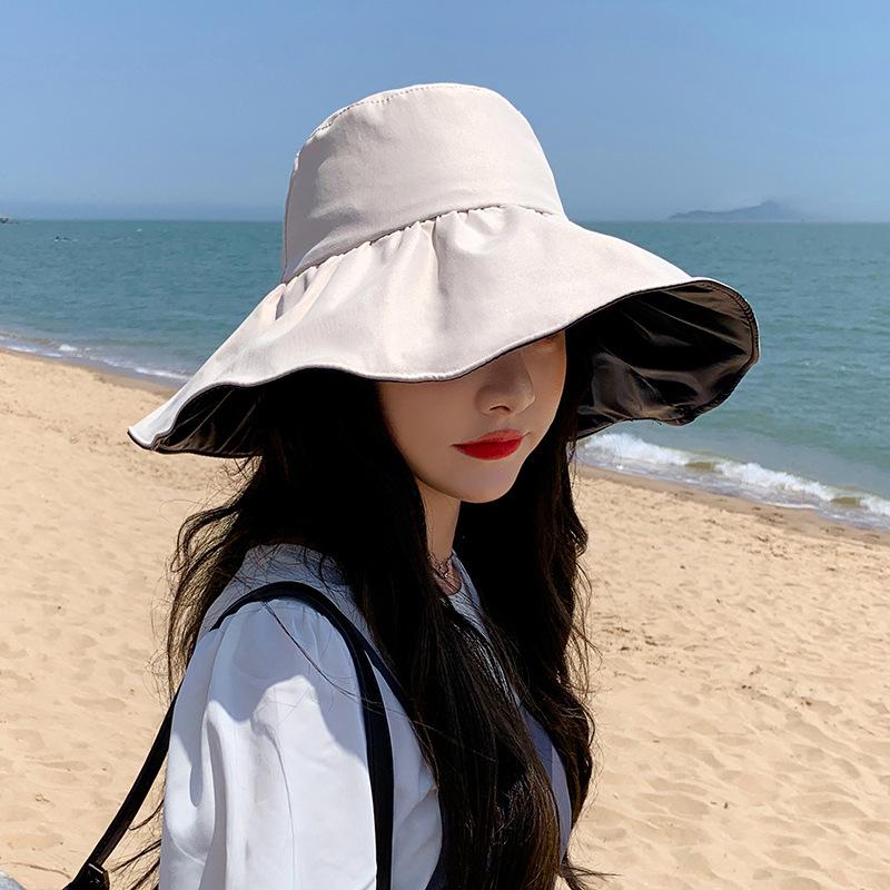 

Summer Travel Sun Protection Hat Women Simple Solid Color Outdoor Casual Versatile Wide Brim Sunshade Fisherman Cap Breathable бежевый