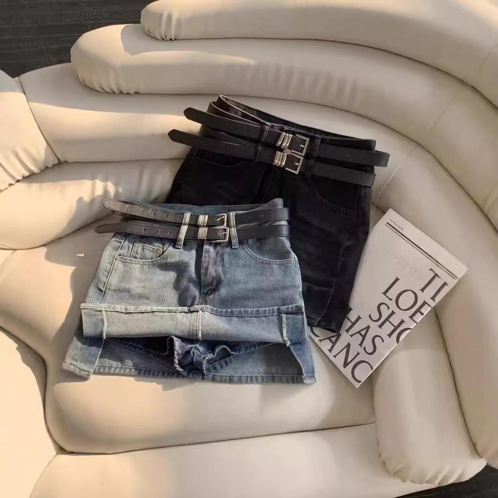 Spicy Girl High Waist Retro Slit Denim Skirt with Double Belt - Women's Summer A-line Mini Skirt