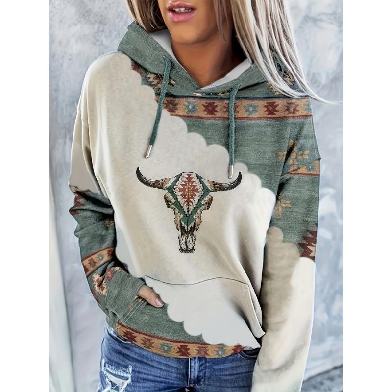 Vintage-Inspired Western Print Sweatshirt - Soft, Casual, Drawstring hoodie with Pocket for Women Long Sleeve Pullover Design