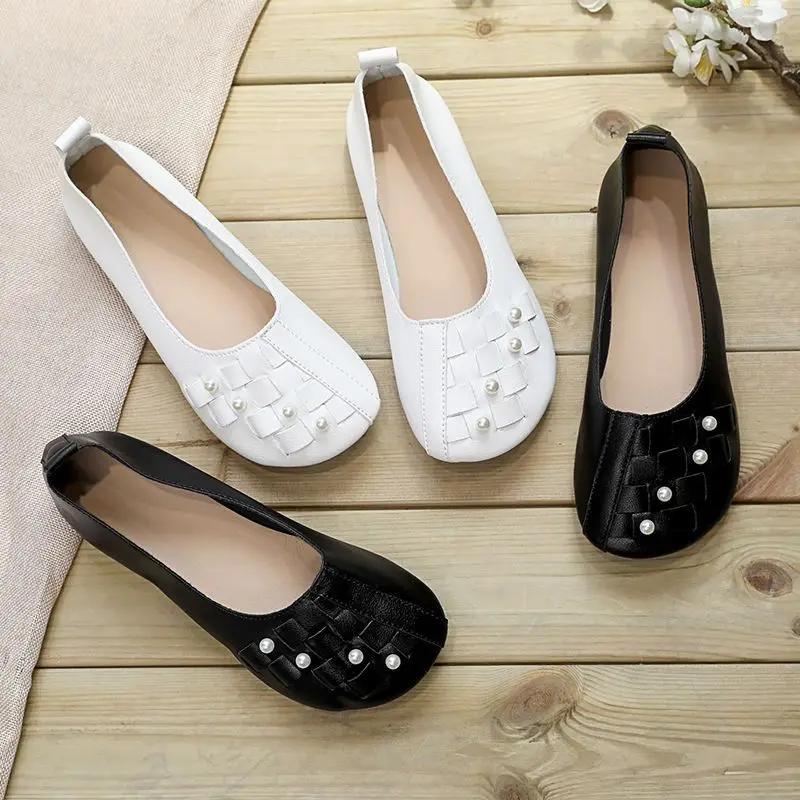 Fashion Pearl Flats Flat Shoes for Women Woman Footwear Moccasins Round Toe Black High Quality Shoe Stylish Korean Style Quick Delivery