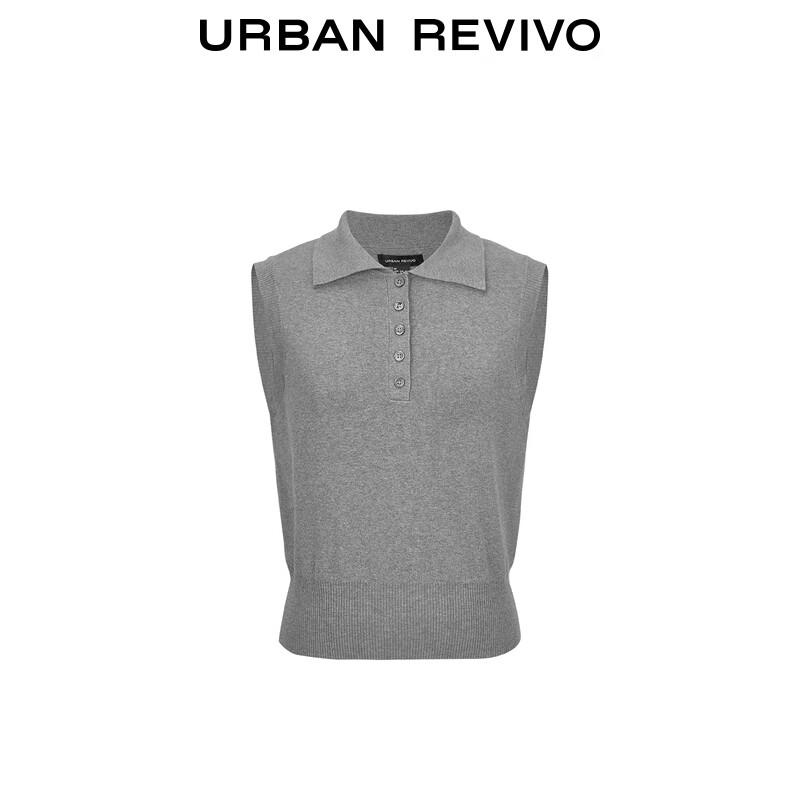 UR 2025 Autumn Women's Grey Button Cropped Polo Knit Top