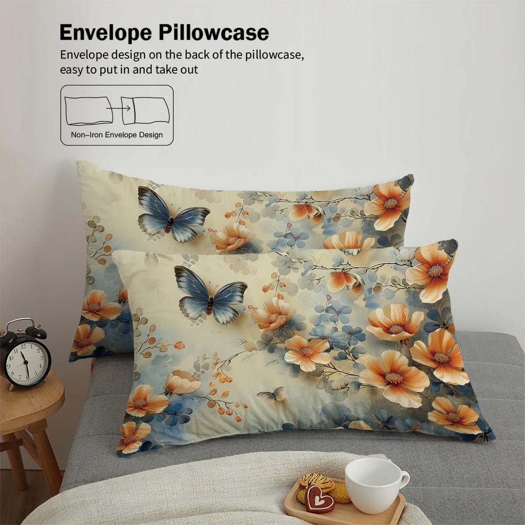 3 st. sängkläder med tryckt blommigt och fjärilsmönster, 1*påslakan+2*örngott, Polyester mjuk sovrumsdekoration sängkläder