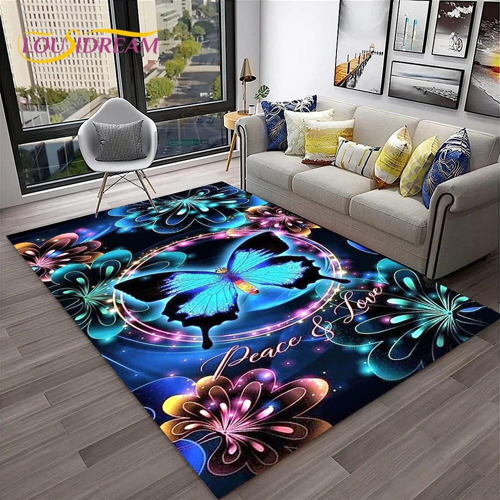 3D Luxury Dream Butterfly Flower Carpet Rug for Home Living Room Bedroom Sofa Doormat Decor,Kid Play Area Rug Non-slip Floor Mat