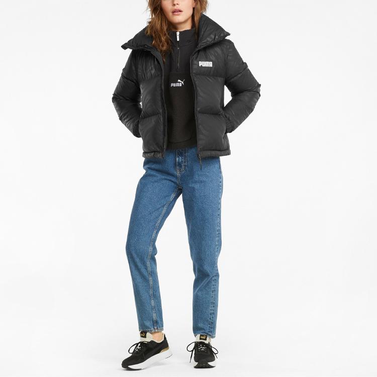 Puma Women's Black Logo Print Short Stand Collar Warm Winter Down Jacket