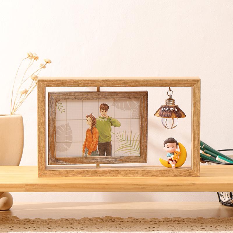 6-Inch Modern Double-Sided Rotating Wooden Photo Frame & Album with Wood Carving Ornament