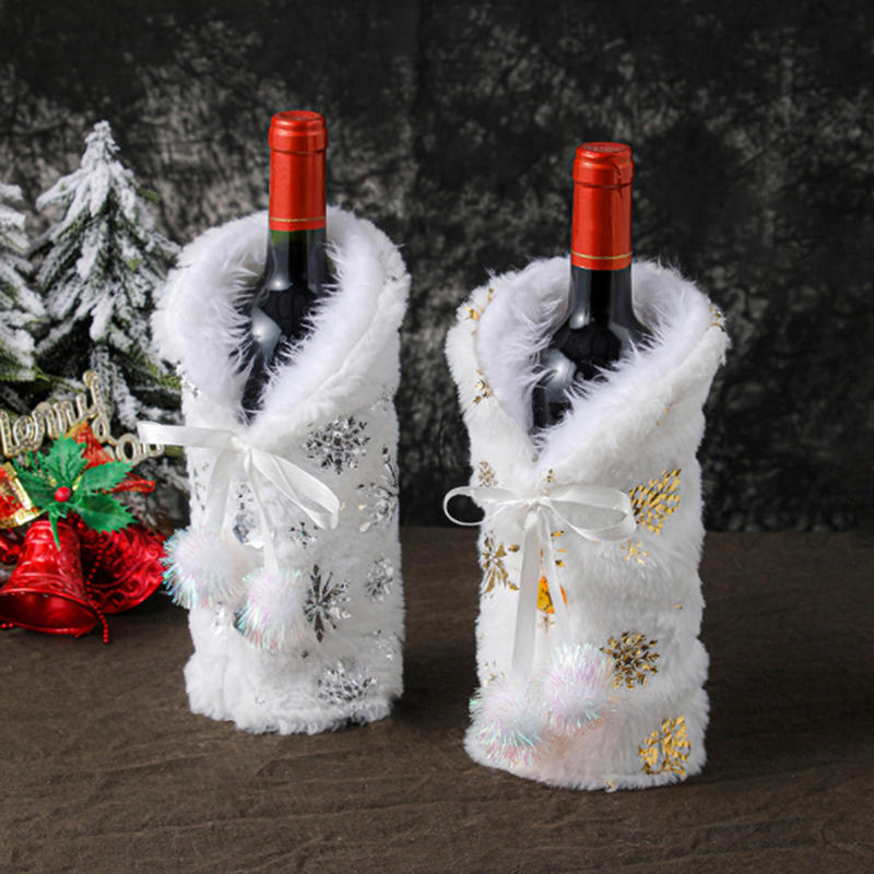 Christmas Wine Bottle Decoration Plush Snowflake Wine Bottle Covers Red Clothes Dress Gold Snowflake Set New-Year Table Decor