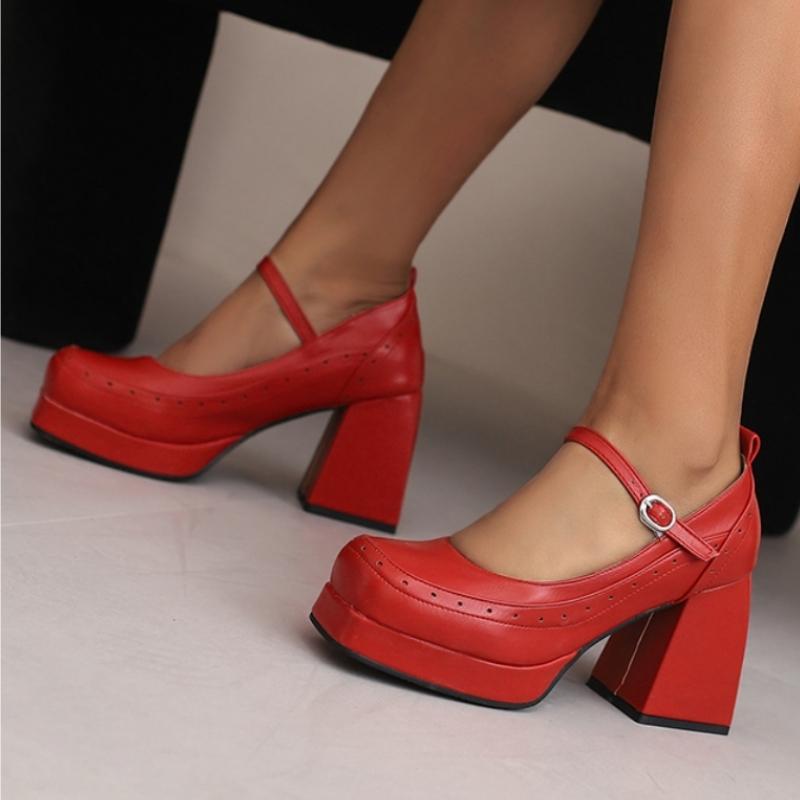 Fashion Elegant Women's High Heels Mary Janes Shoes Pumps Platform Large Size 45 Black Gray Red Heeled Dance Party Wedding Shoes Female