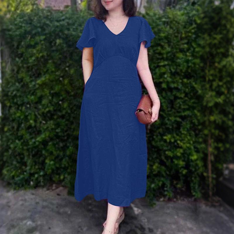 

ZANZEA Women Summer Casual V-Neck Short Sleeve Loose Dress M синий