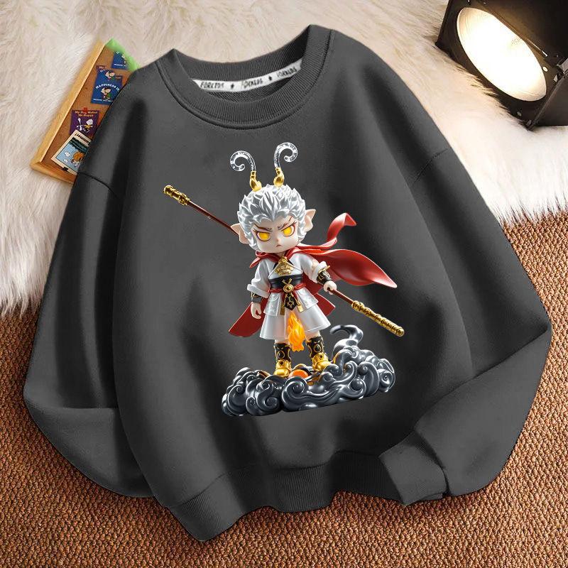 Cute Black Mythological Wukong Round-neck Hoodie for Children, Fashionable Long-sleeved Hoodie for Boys and Girls In Spring and Autumn