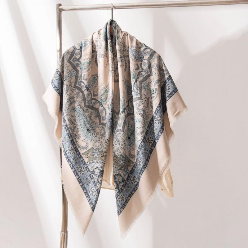 Vintage Printed Silk Wool Scarf 140x140cm Dual-use Shawl Wrap Sun Protection Warmth