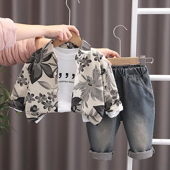 0-5-Year-old Boys' Set Children's Printed Long Sleeved Shirt Jacket Round Neck White Top Casual Jeans Three Piece Set