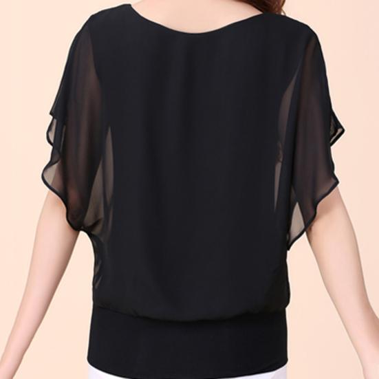 Women Top Solid Color O Neck Pullover Batwing Sleeve Ruffle Summer Top Daily Garment