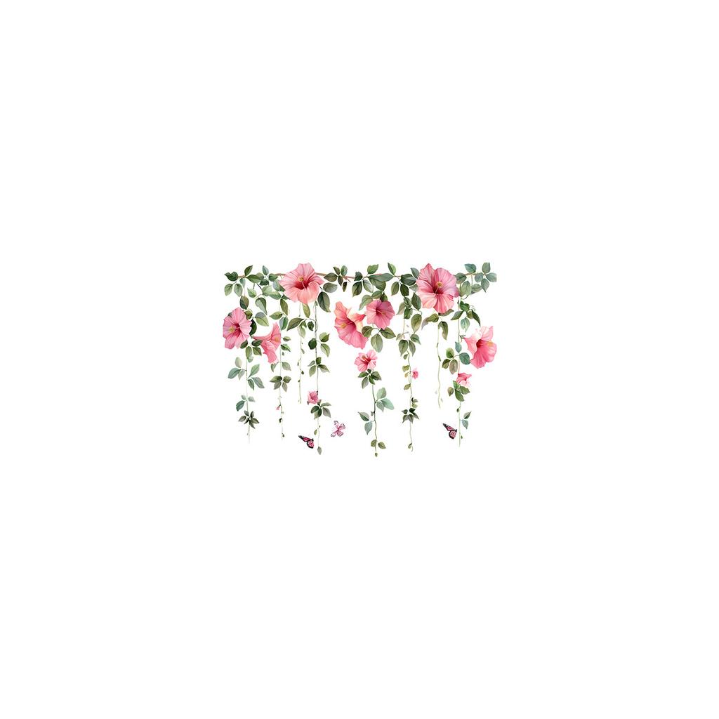 Fresh Pink Flower Branch Vine Window Glass Sticker Home Decor Wall Decal for Living Room Bedroom Self-Adhesive