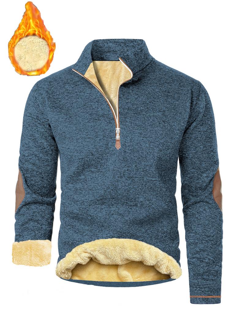 Autumn New Men's Casual Quarter Zip Fleece Lined Sweatshirt with Elbow Patches Solid Color Warm Sportswear Male Fashion Outerwear