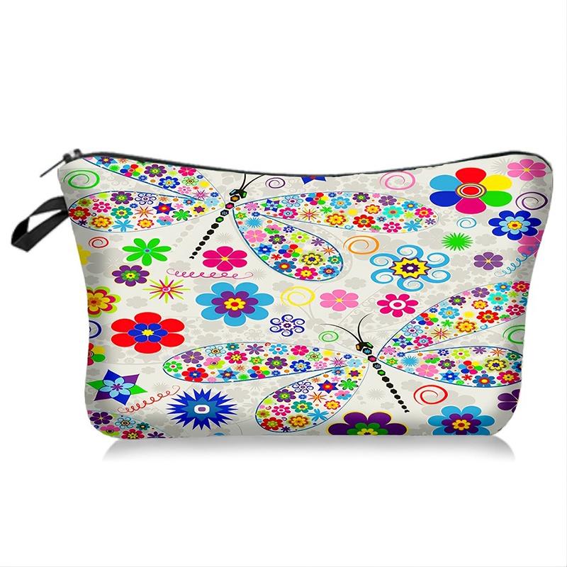 1pc Beautiful Dragonfly Flower Print Makeup Bags, Women Portable Travel Cosmetic Storage Bags with Zipper