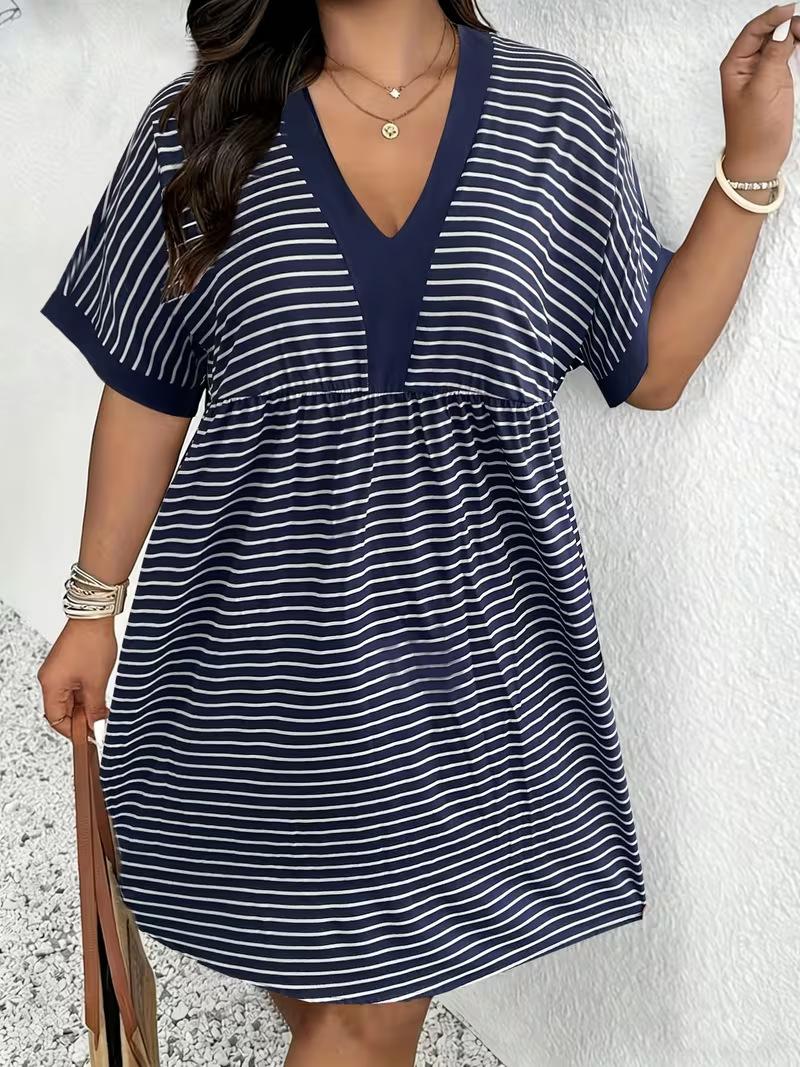 European and American Style Plus Size Striped Dress V-Neck Vacation Style Seaside Dress Cross-border Women s Clothing Wholesale XL тёмно-синий