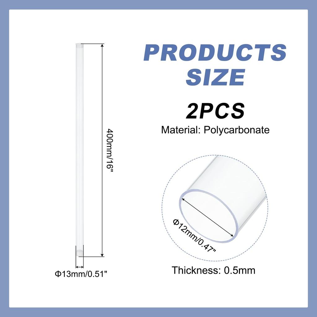 PATIKIL Clear Rigid Tubing, Round Plastic Tubing with End Caps, Polycarbonate Water Pipe, 400mm/16" Length, 12mm X 13mm/0.47" X 0.51", Set of 2
