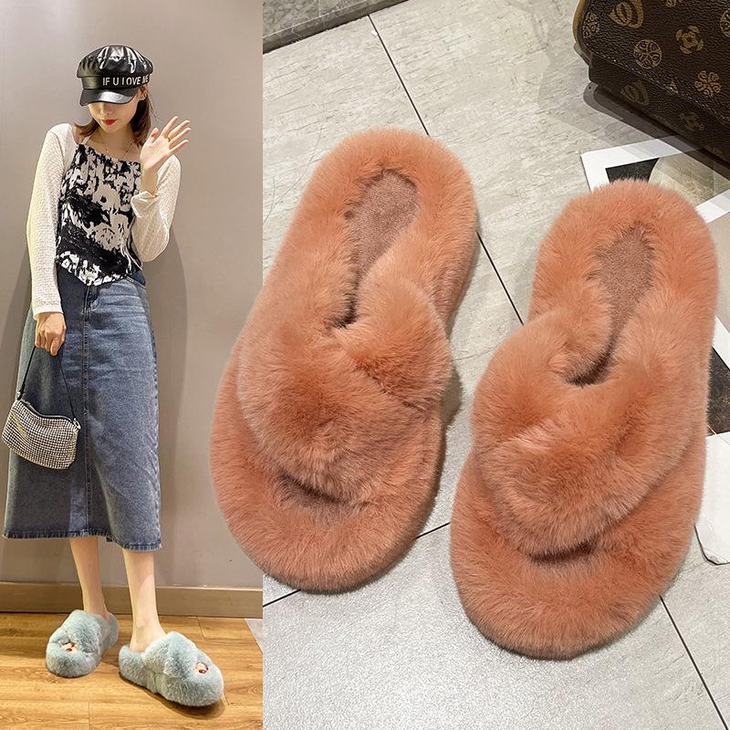 2025 Women's Open Toe Cross-Strap Fur Slippers: Autumn/Winter Fashion, Thick Sole, Height Boosting