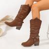 Factory Direct Pile Western Boots Thick Heel Double Adjustable Belt Buckle Pleated Sleeve Boots Autumn And Winter Women'S Boots