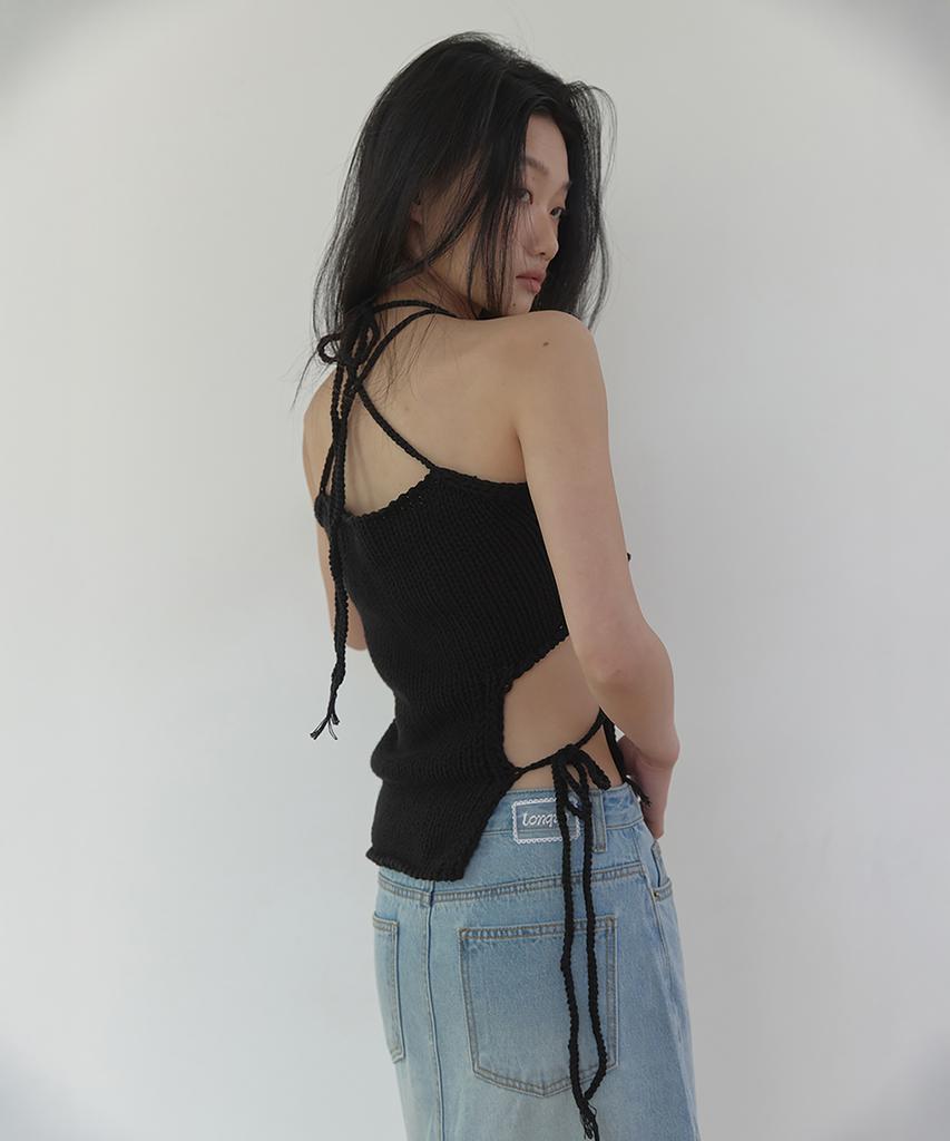 Lonkeu Tie-Up String Knit Top (Black)