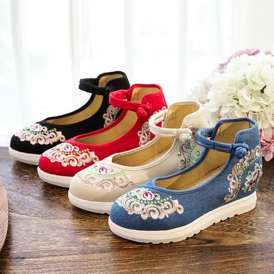 Big White Sole, High Heels, Single Shoes, Spring and Autumn Canvas Embroidered Cloth Shoes, Retro Buckle Light Mouth Women's Shoes Cloth Shoes