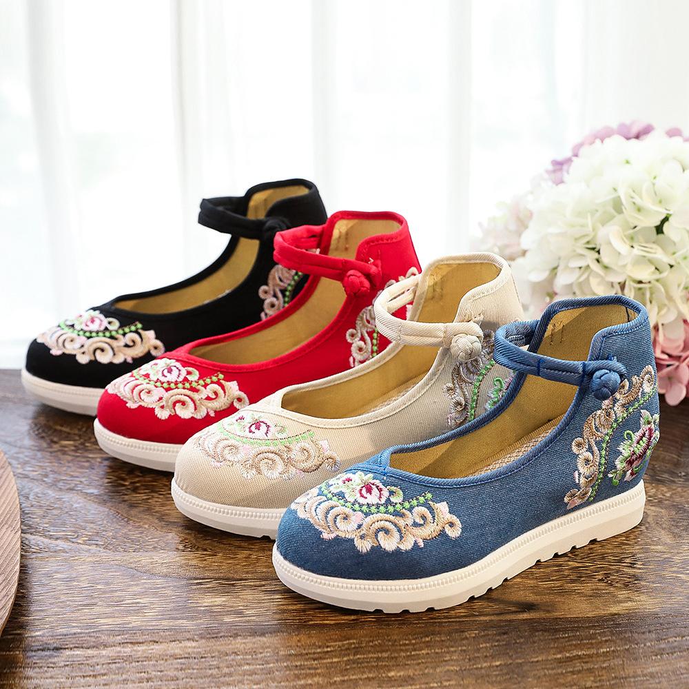 

Big white sole, high heels, single shoes, spring and autumn canvas embroidered cloth shoes, retro buckle light mouth women s shoes cloth shoes 34