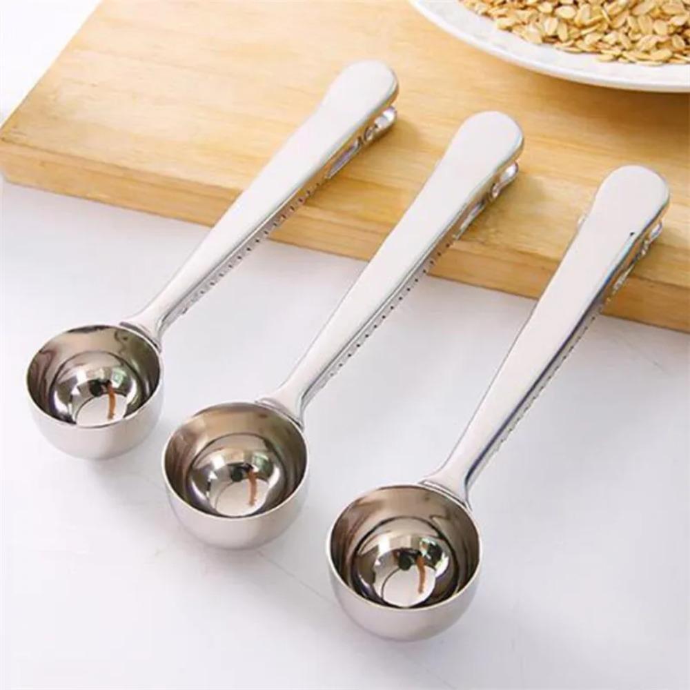 2-in-1 Multifunction Stainless Steel Coffee Scoop with Clip Coffee Tea Measuring Scoop 1Cup Ground Coffee Measuring Scoop Spoons