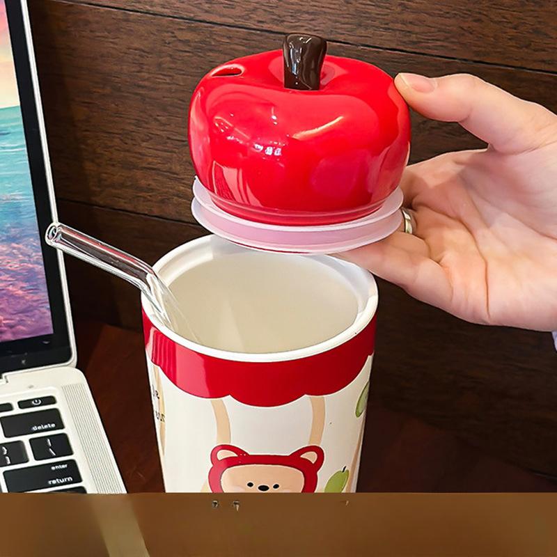 Roter Apfel Bär Keramiktasse Hochpräzise Niedlich Große Kapazität Wasserbecher Weiblich Feiertagsgeschenk Strohbecher