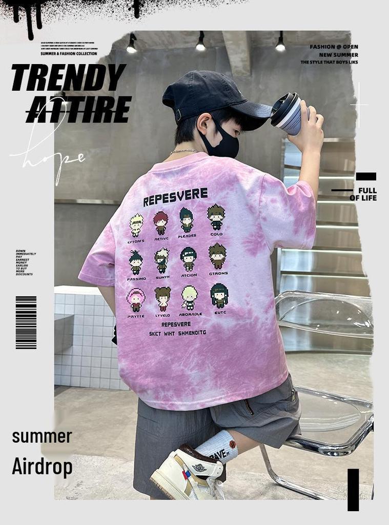 2025 Boys' Trendy Tie-Dye Cotton T-Shirt: Short-Sleeve, Breathable Summer Streetwear for Older Kids