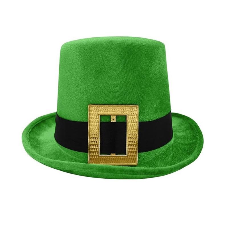 

StPatrick Day Green Hat with Gold Buckle Roll Brims Tall Hat Irish National Day Celebration Party Hat Festival Accessory