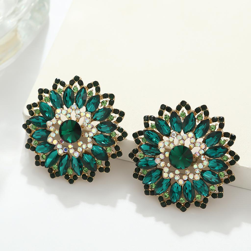 Luxury Full Rhinestone Flower Earrings For Women Exaggerated Fashionable Atmospheric Studs Temperament Versatile Commute Jewelry