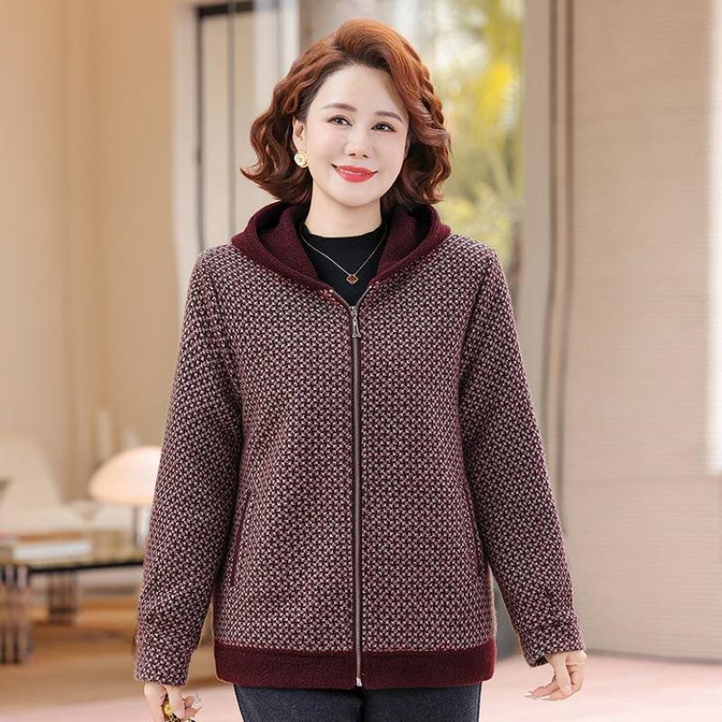 Winter Plush Thickened Woolen Jacket Medium Old Mother Outfit Versatile Loose Zipper Hooded Cardigan Top To Keep Warm