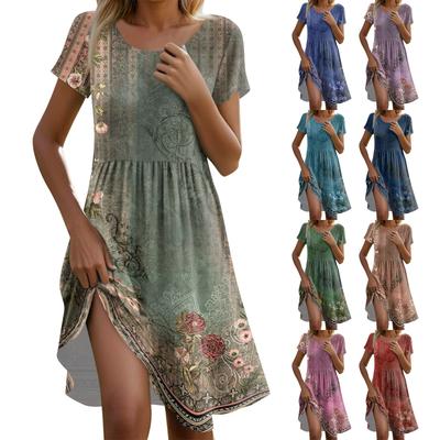 Damen Casual Mode Rundhals Kurzarm Retro Bedrucktes Midi-Kleid