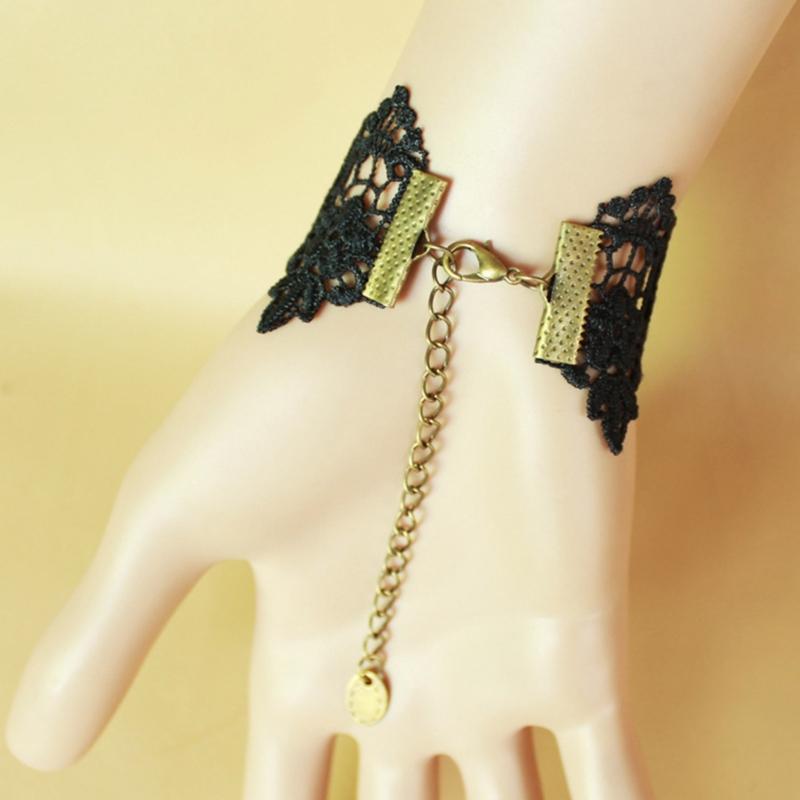 Rose Black Lace Hand Chain Ring Bracelet Chain Crystal Bead Finger Bracelet Sweet Hand Jewelry for Women and Girls Gifts
