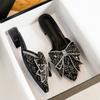 Fashion Glitter Sequins Bowknot Slippers Woman Low Heel Mules Shoes Slip On Pointed Toe Slides Party Pantufla Ladies Sparkling Flipflops