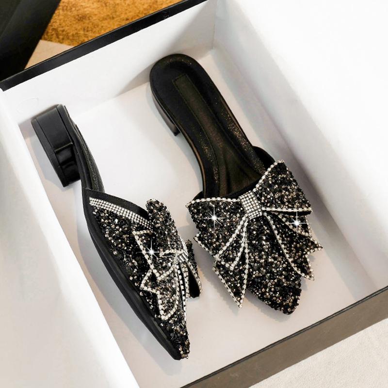 Fashion Glitter Sequins Bowknot Slippers Woman Low Heel Mules Shoes Slip On Pointed Toe Slides Party Pantufla Ladies Sparkling Flipflops