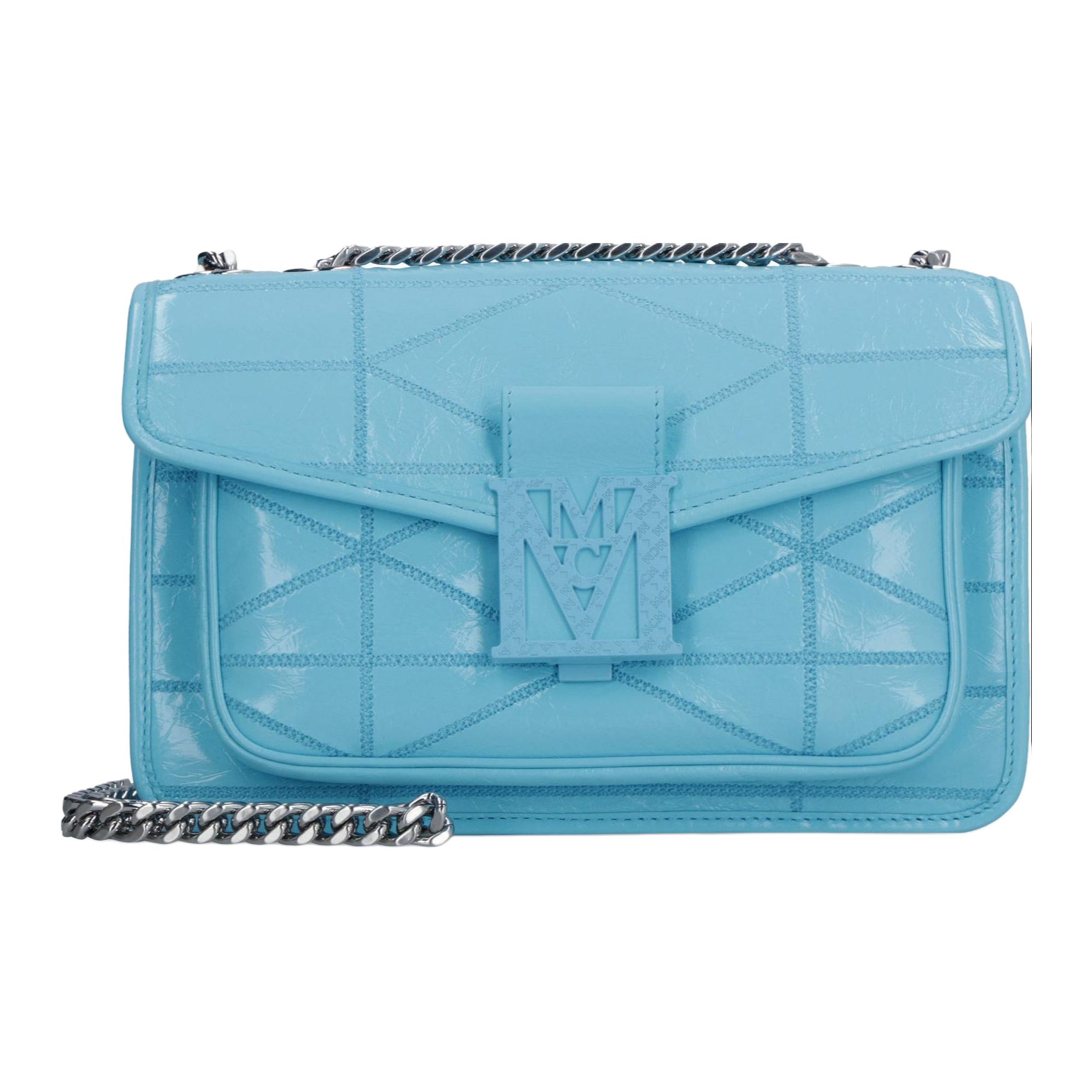 

New MCM Leather Shoulder Bag, Crossbody Bag Small Women s Blue MWSCSLM03L7001 24.9*6.6*15.5CM